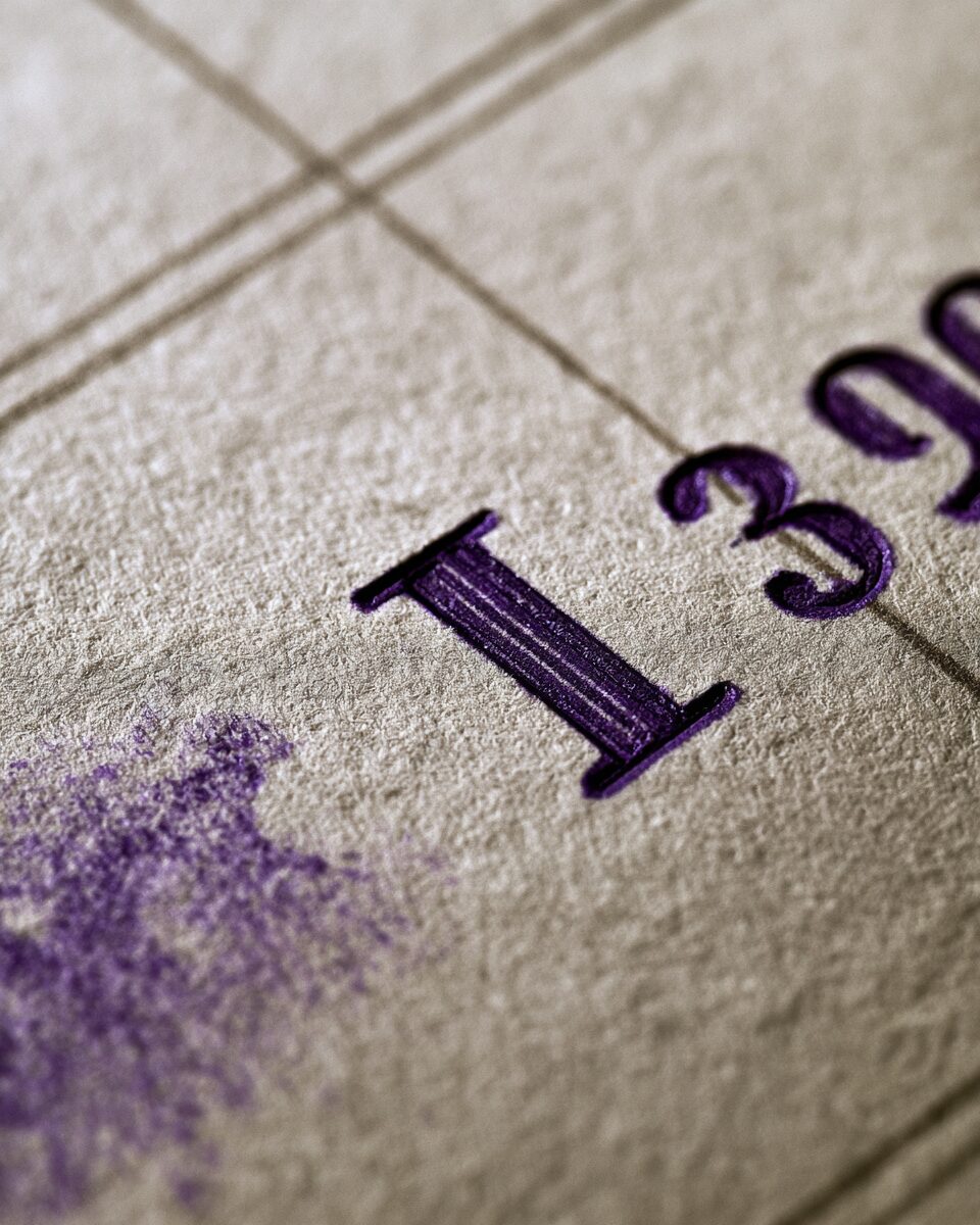 A registered record stamped in violet ink with alignment marks.
