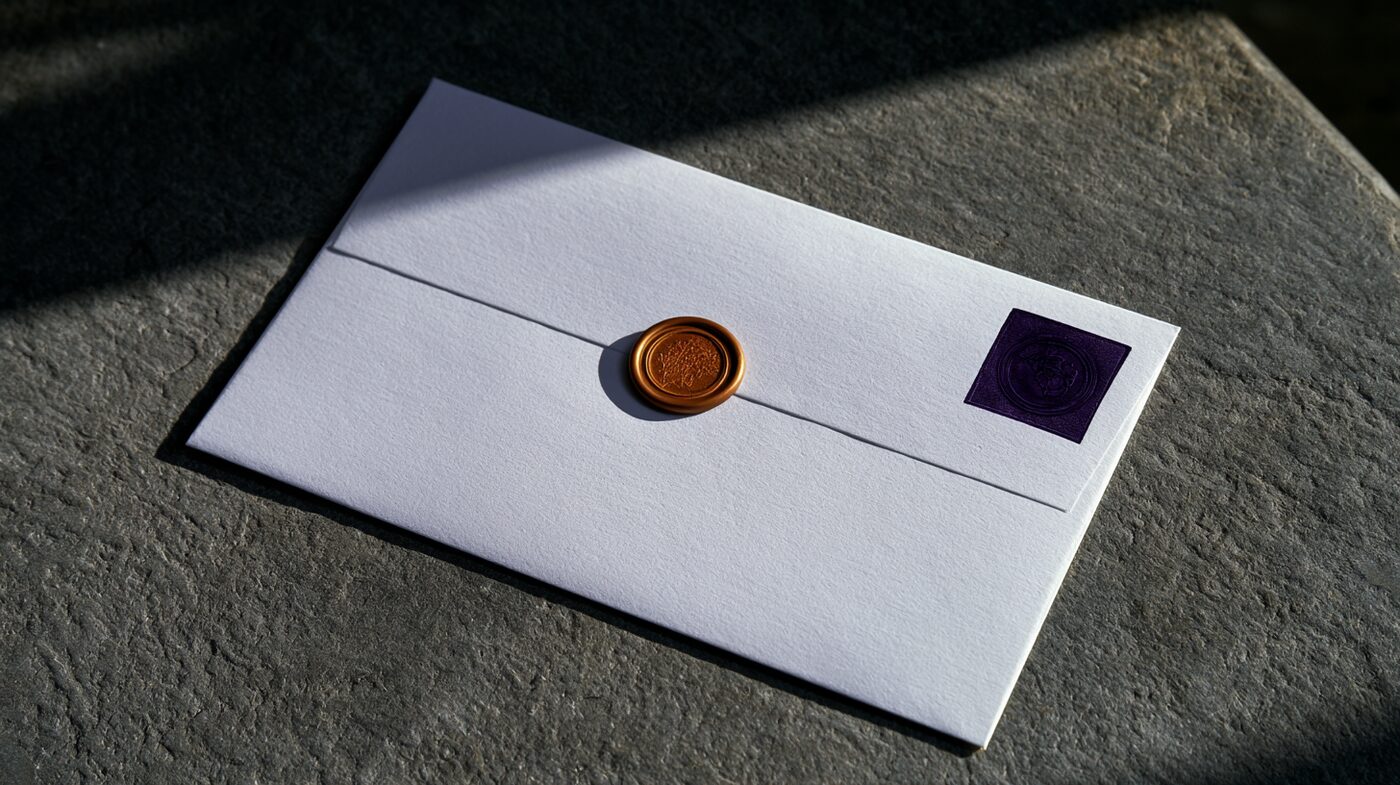 A sealed envelope closed with a wax seal and a violet stamp.